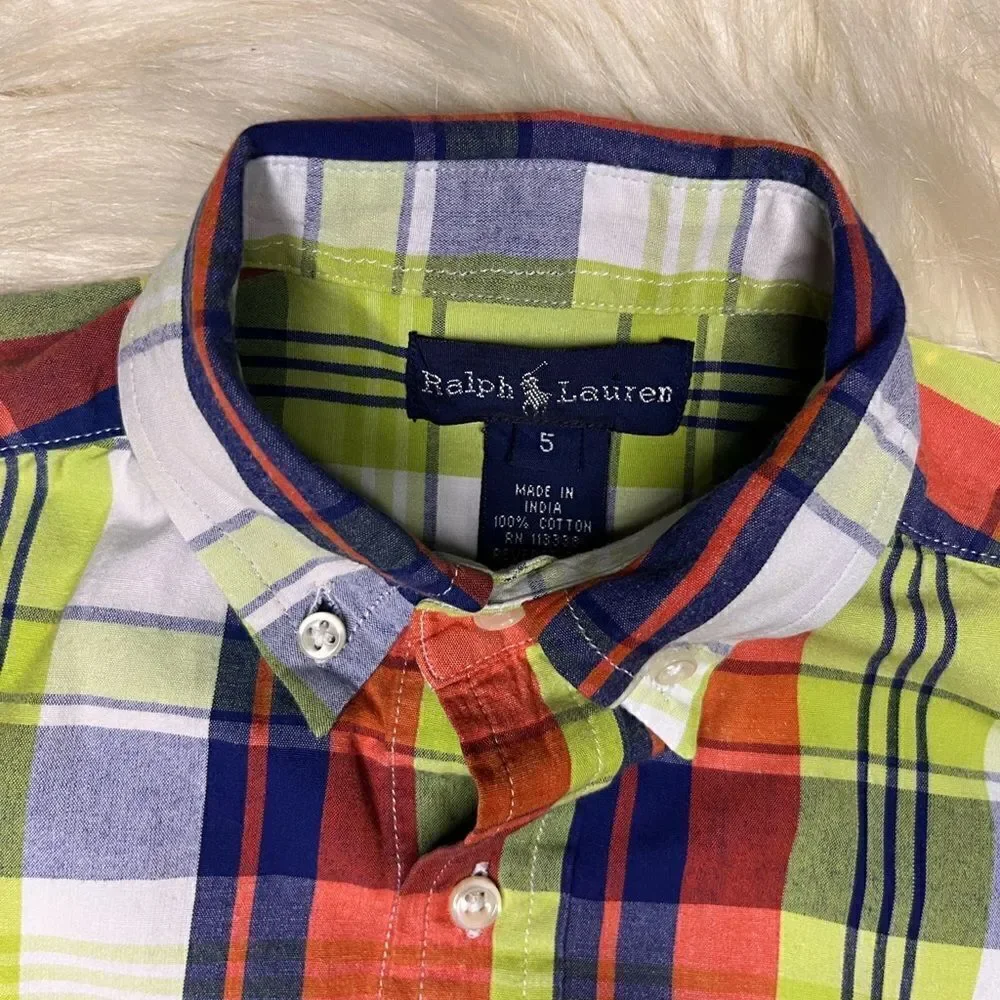 Ralph Lauren orange/lime green/white/royal blue button down boys sz 5